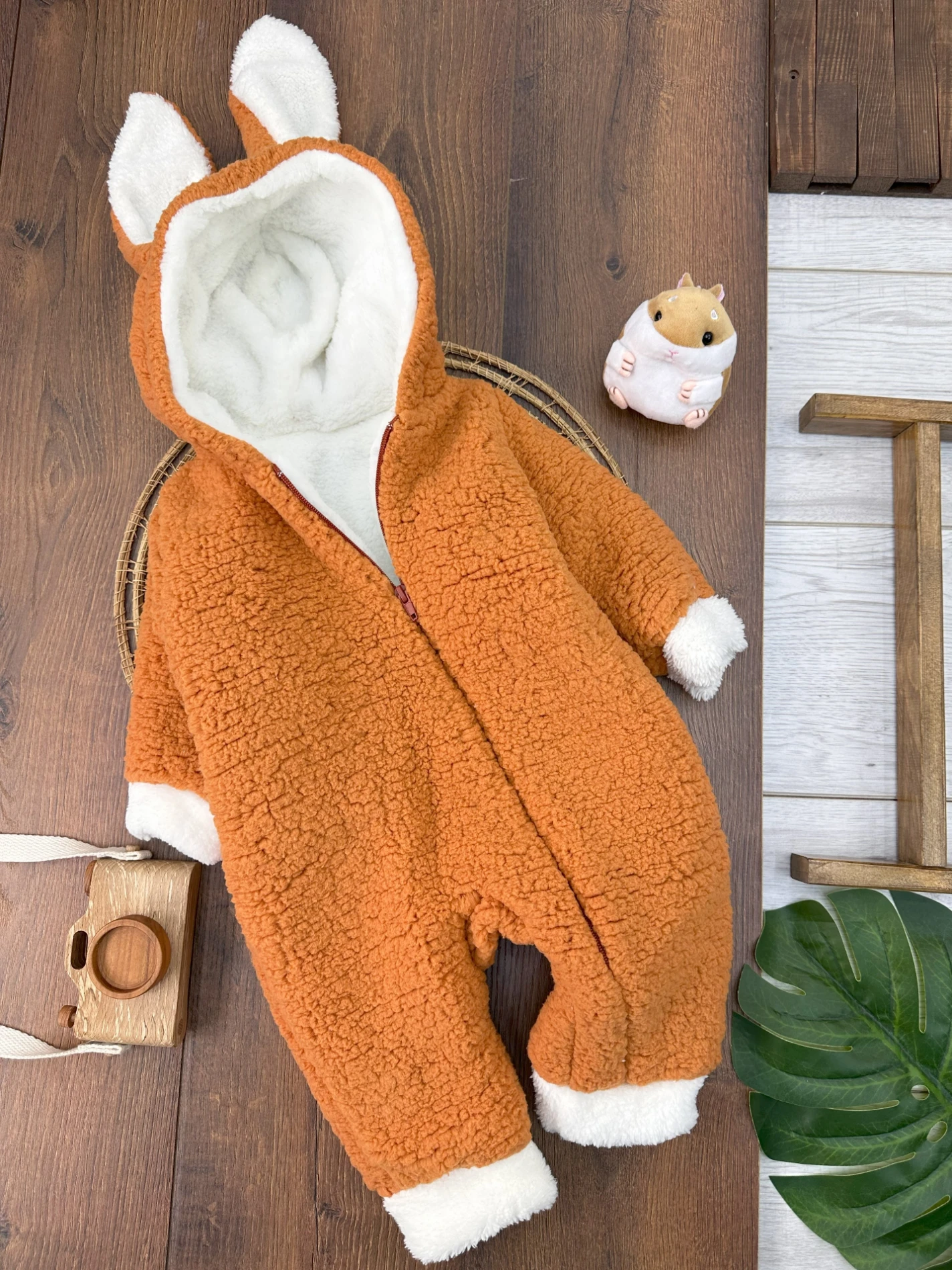 Çift Kat Wellsoft Kürklü Fermuarlı Kapüşonlu Unisex Kışlık Bebek Tulum - HARDAL