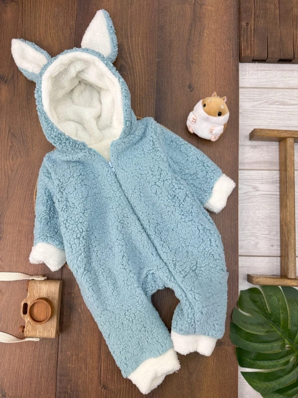 Çift Kat Wellsoft Kürklü Fermuarlı Kapüşonlu Unisex Kışlık Bebek Tulum