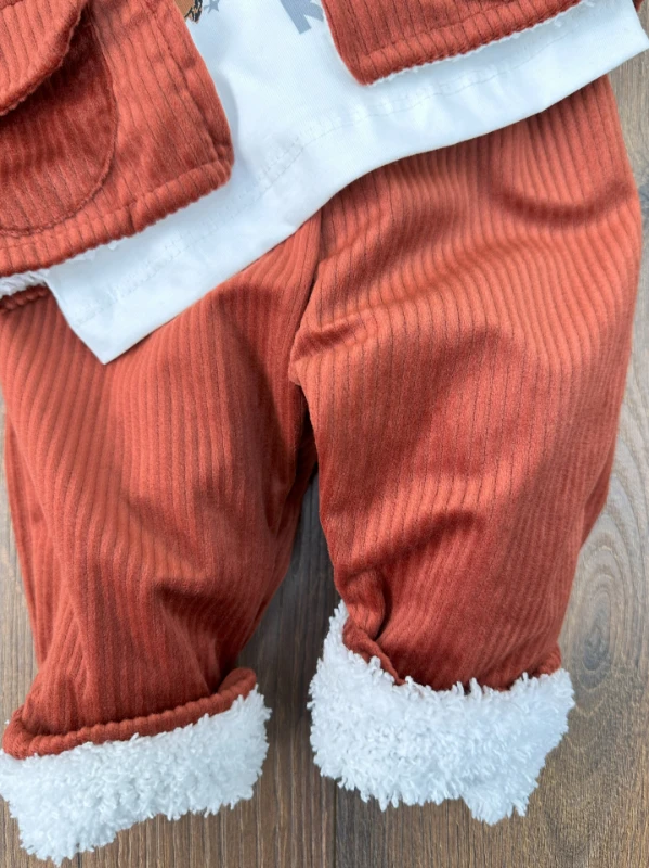 Kadife Düğme Detaylı İçi Kürklü Badili 3lü Kışlık Erkek Bebek Takım - KAHVE