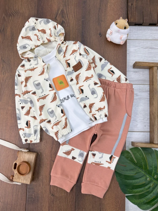 Dino Figürlü Fermuarlı Badili Kapüşonlu 3lü Erkek Bebek Takım - KAHVE