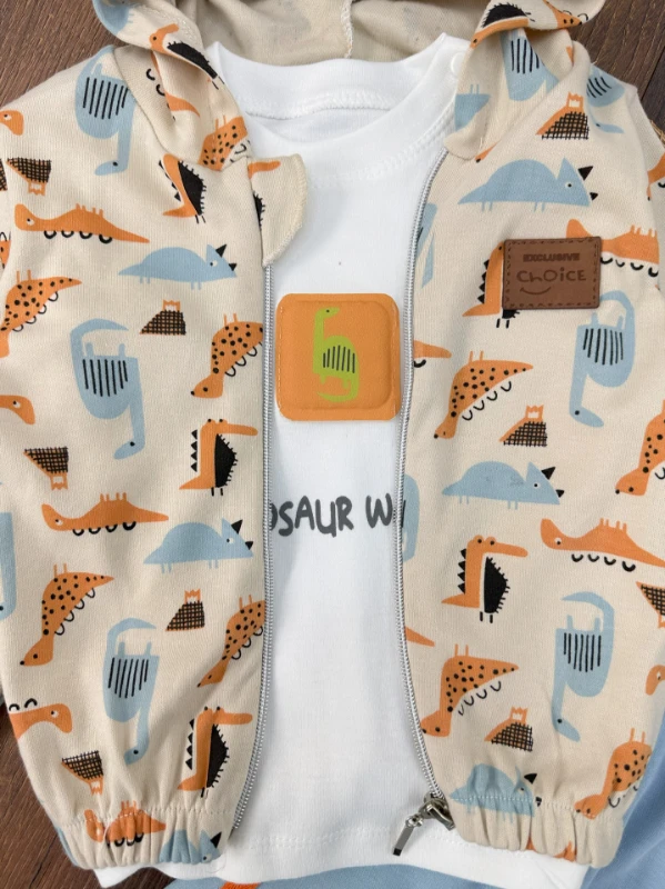 Dino Figürlü Fermuarlı Badili Kapüşonlu 3lü Erkek Bebek Takım - KAHVE