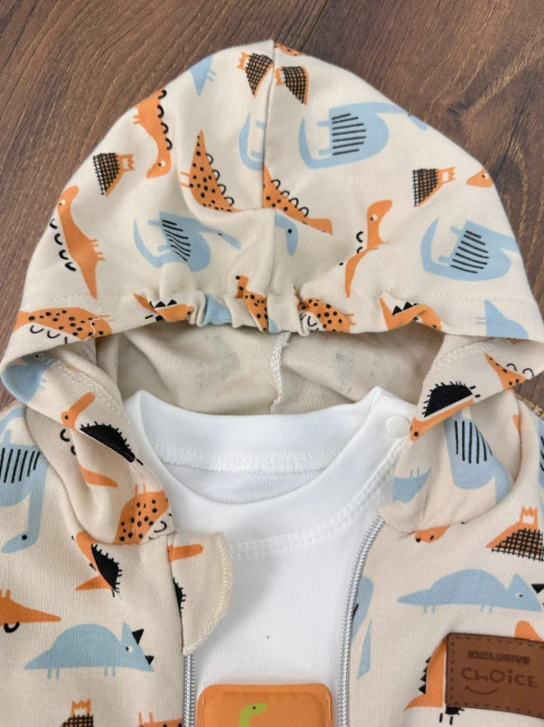 Dino Figürlü Fermuarlı Badili Kapüşonlu 3lü Erkek Bebek Takım - KAHVE