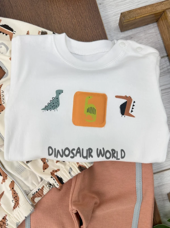 Dino Figürlü Fermuarlı Badili Kapüşonlu 3lü Erkek Bebek Takım - KAHVE