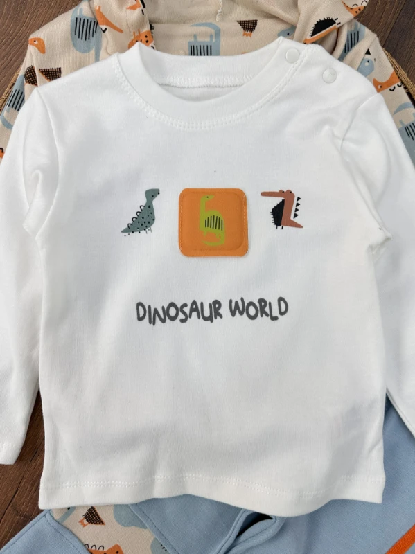 Dino Figürlü Fermuarlı Badili Kapüşonlu 3lü Erkek Bebek Takım - KAHVE