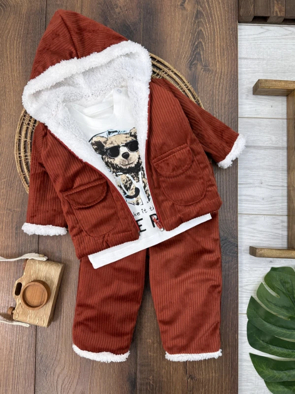 Kadifeİçi Wellsoft Kürklü Badili 3lü Erkek Bebek Takım - HARDAL