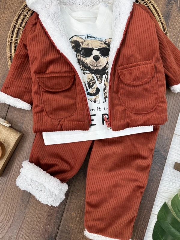 Kadifeİçi Wellsoft Kürklü Badili 3lü Erkek Bebek Takım - HARDAL