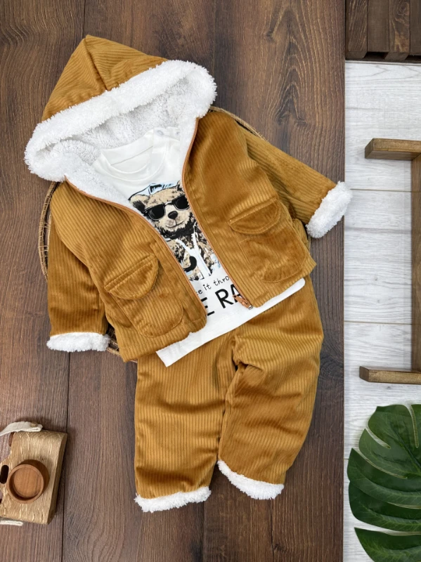 Kadifeİçi Wellsoft Kürklü Badili 3lü Erkek Bebek Takım - HARDAL