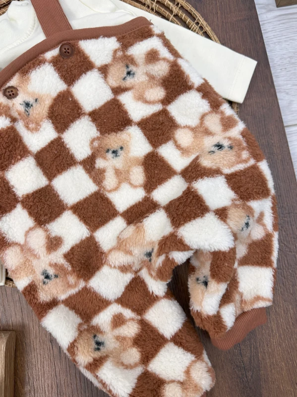 Wellsoft Ayıcık Desen Balıkçı Yaka Çıtçıtlı Badi Kışlık Salopet Erkek Bebek Takım - KAHVE