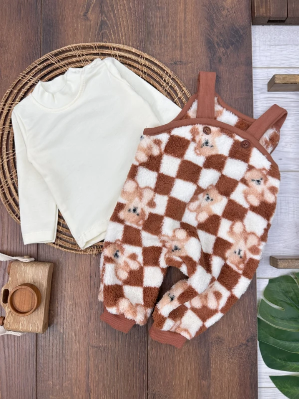 Wellsoft Ayıcık Desen Balıkçı Yaka Çıtçıtlı Badi Kışlık Salopet Erkek Bebek Takım - KAHVE