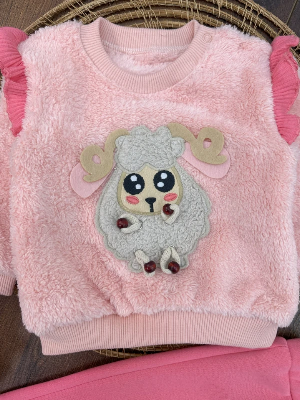 Peluş Patikli Kuzu Figürlü Alt 3 İplik Şardonlu 3lü Kız Bebek Takım - PEMBE