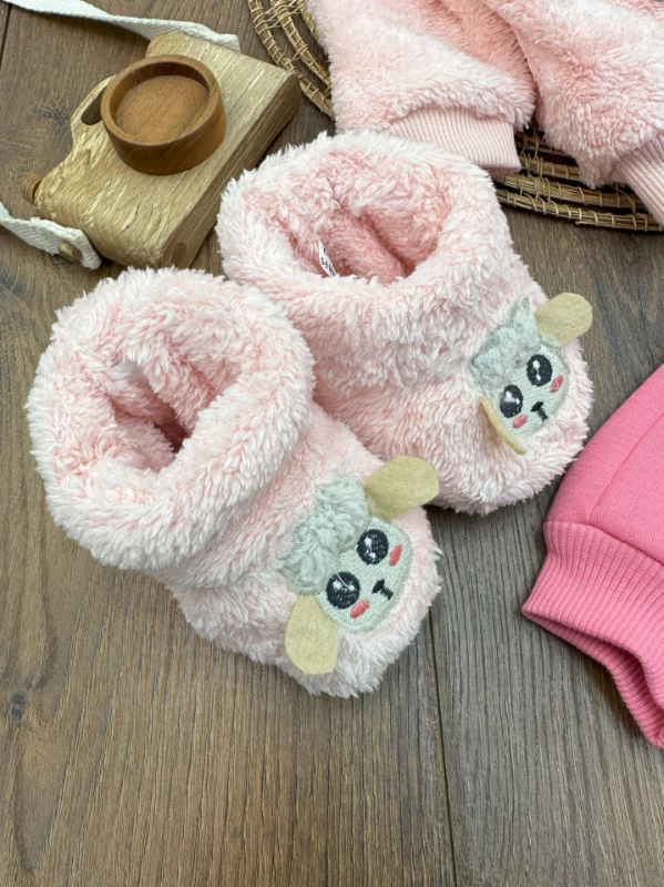 Peluş Patikli Kuzu Figürlü Alt 3 İplik Şardonlu 3lü Kız Bebek Takım - PEMBE