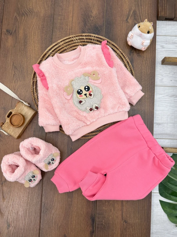 Peluş Patikli Kuzu Figürlü Alt 3 İplik Şardonlu 3lü Kız Bebek Takım - PEMBE