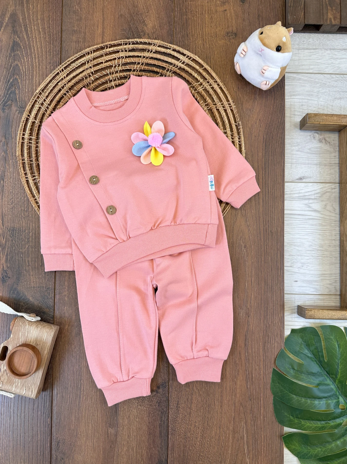 Çiçek Figürlü Düğme Detaylı Kız Bebek Takım - PUDRA