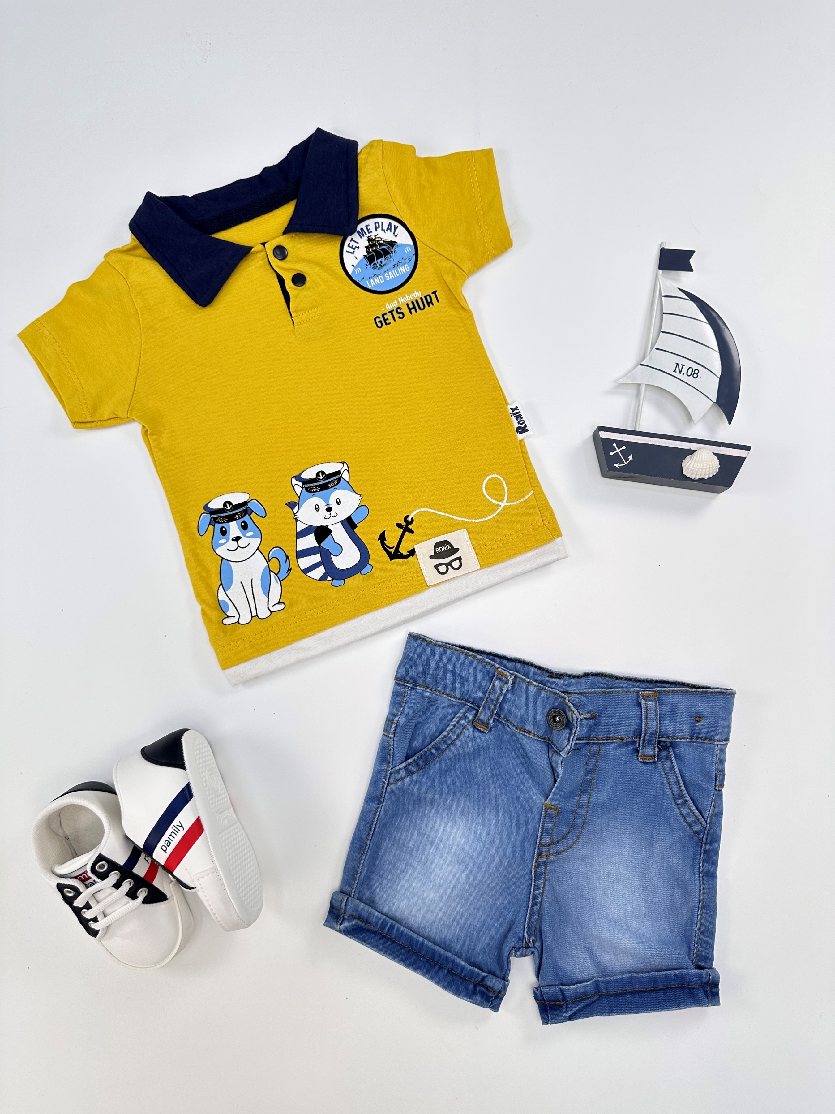 Polo Yaka Gemici Hayvanlar Baskılı Tshirt Likralı Kot Şort Yazlık Erkek Takım - SARI