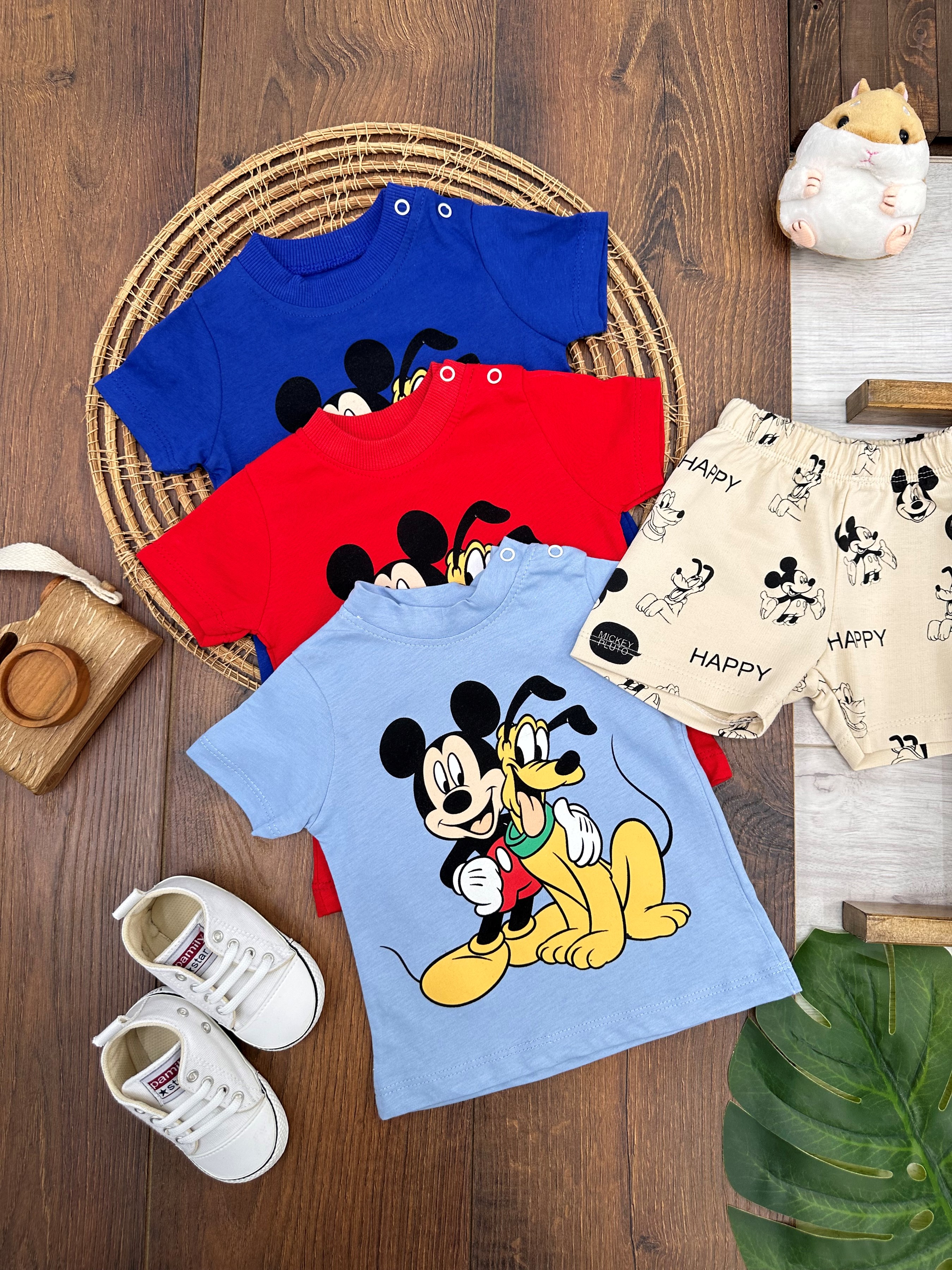 Mickey&Pluto Baskılı Omuzdan Çıtçıtlı Şortlu Bebek Takım