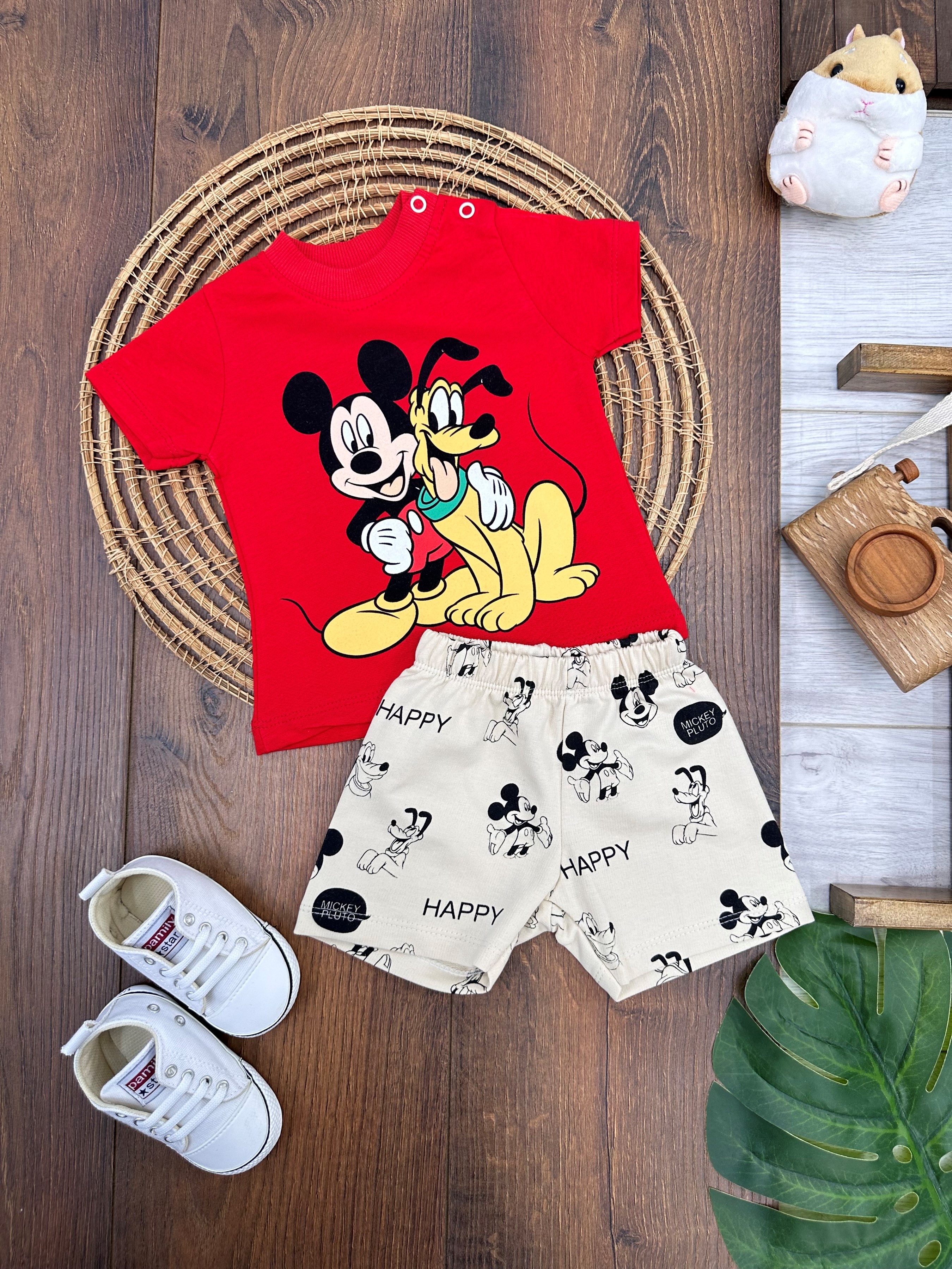 Mickey&Pluto Baskılı Omuzdan Çıtçıtlı Şortlu Bebek Takım - KIRMIZI