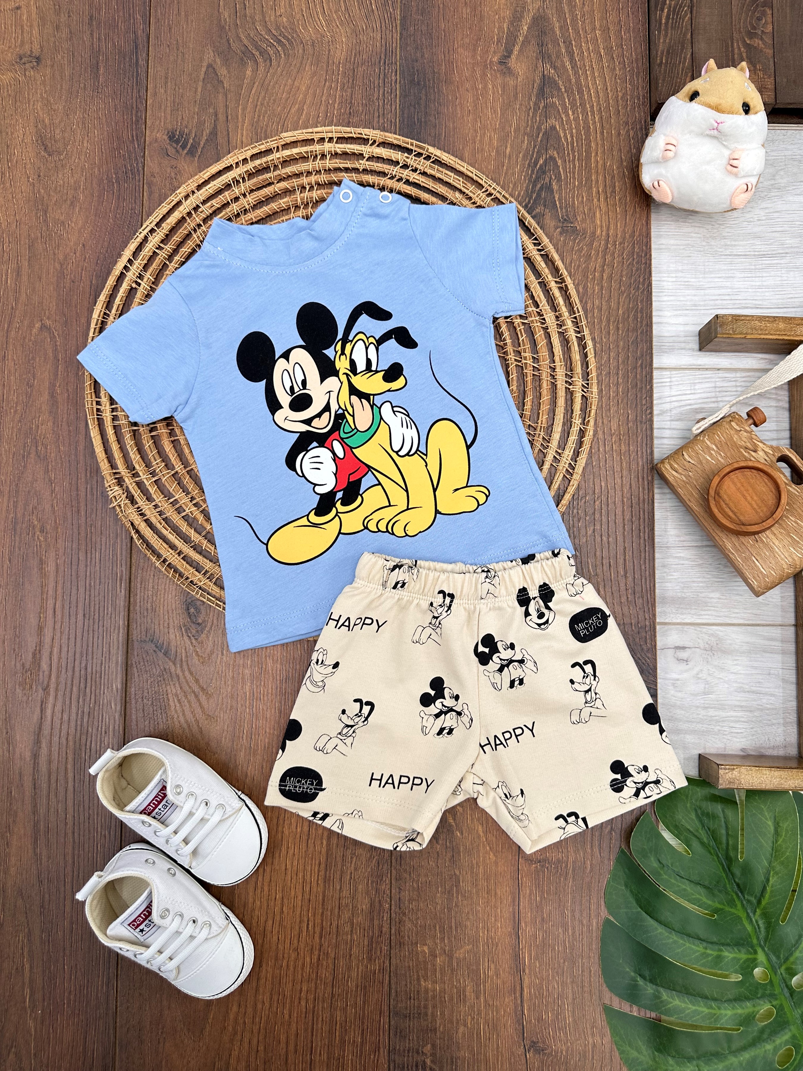 Mickey&Pluto Baskılı Omuzdan Çıtçıtlı Şortlu Bebek Takım - MAVİ