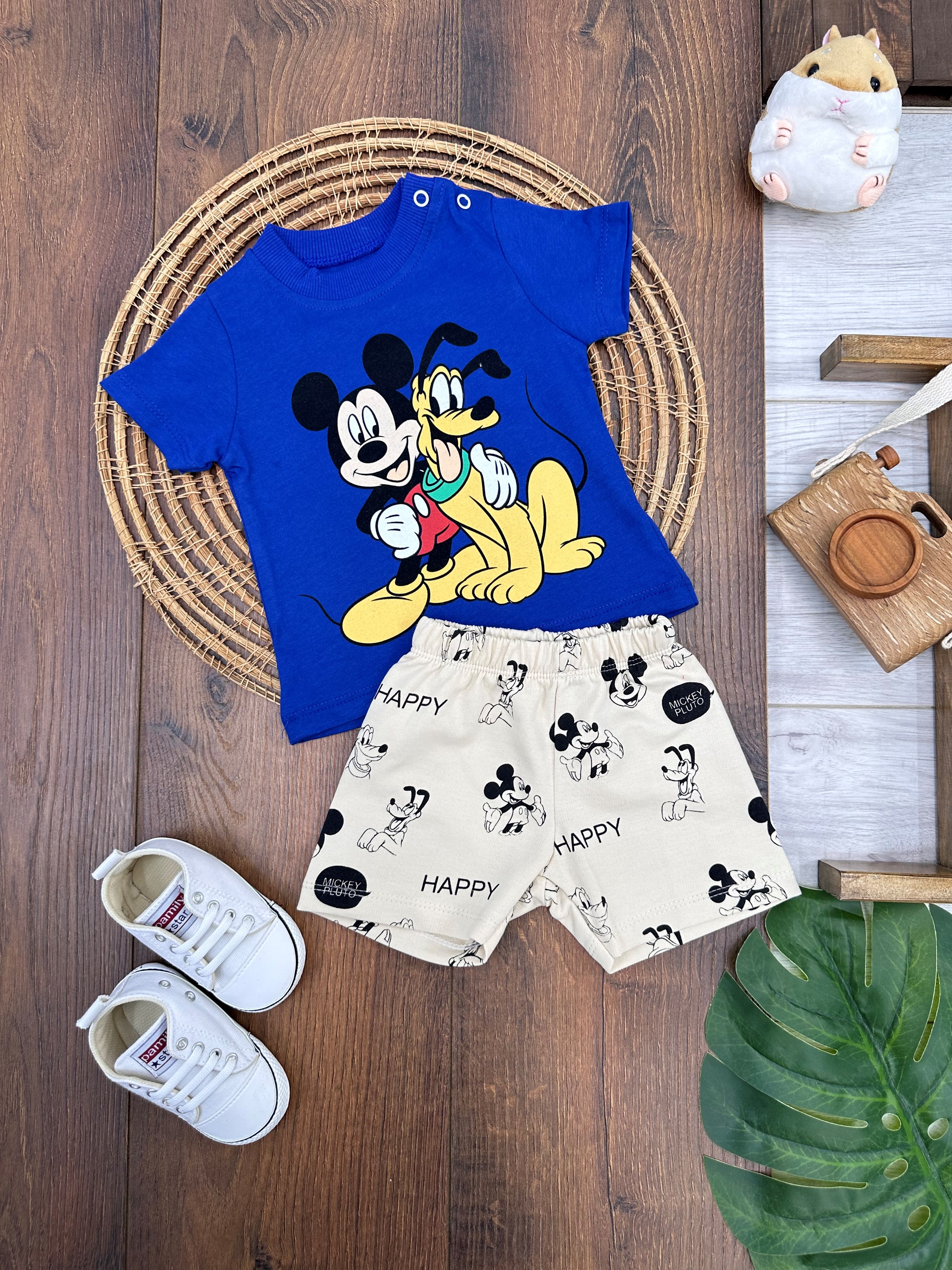 Mickey&Pluto Baskılı Omuzdan Çıtçıtlı Şortlu Bebek Takım - SAKS MAVİ