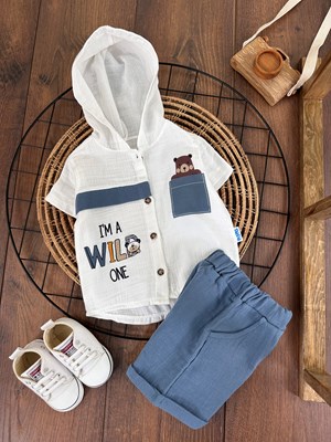 Müslin Kumaş Kapşonlu Sevimli Ayıcık Detaylı Yazlık Bebek Takım - GRİ