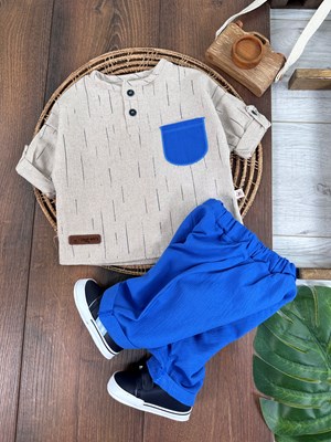 Keten Tek Cep Detaylı Müslin Şort Yazlık Erkek Bebek Takım - SAKS MAVİ