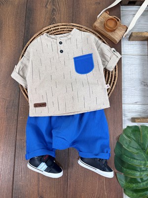 Keten Tek Cep Detaylı Müslin Şort Yazlık Erkek Bebek Takım - SAKS MAVİ