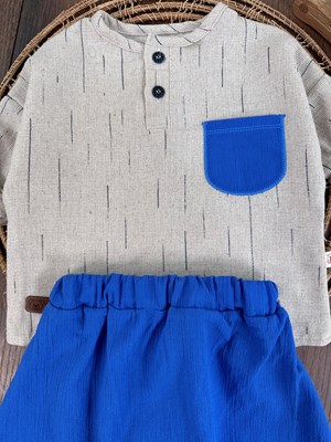Keten Tek Cep Detaylı Müslin Şort Yazlık Erkek Bebek Takım - SAKS MAVİ