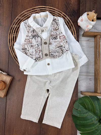 1Yaş Müslin Kumaş Sahte Yelekli Papyonlu Önden Düğmeli Erkek Takım - KREM