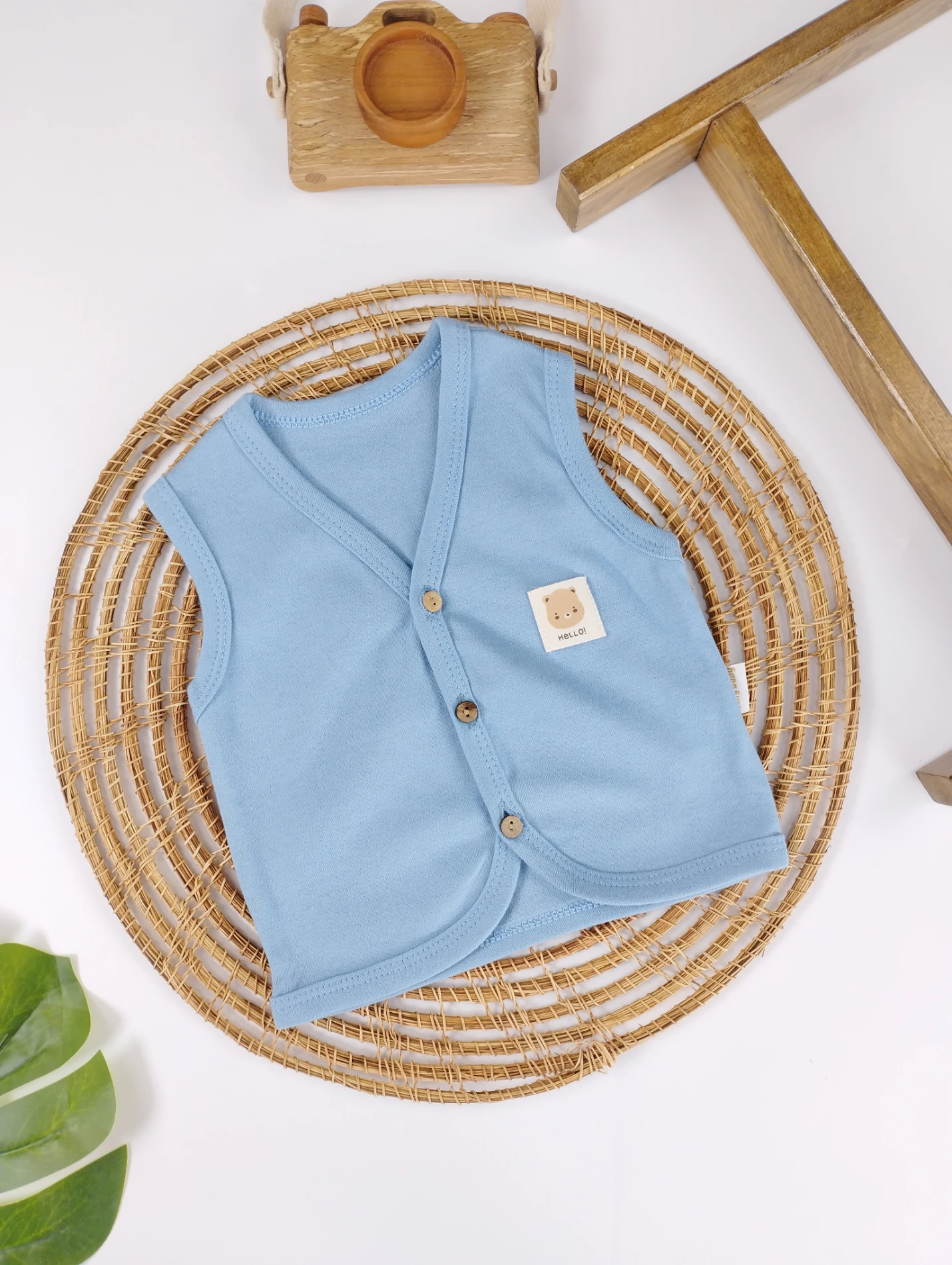 %100 Pamuk Düğmeli Unisex Kolsuz Bebek Yelek - MAVİ