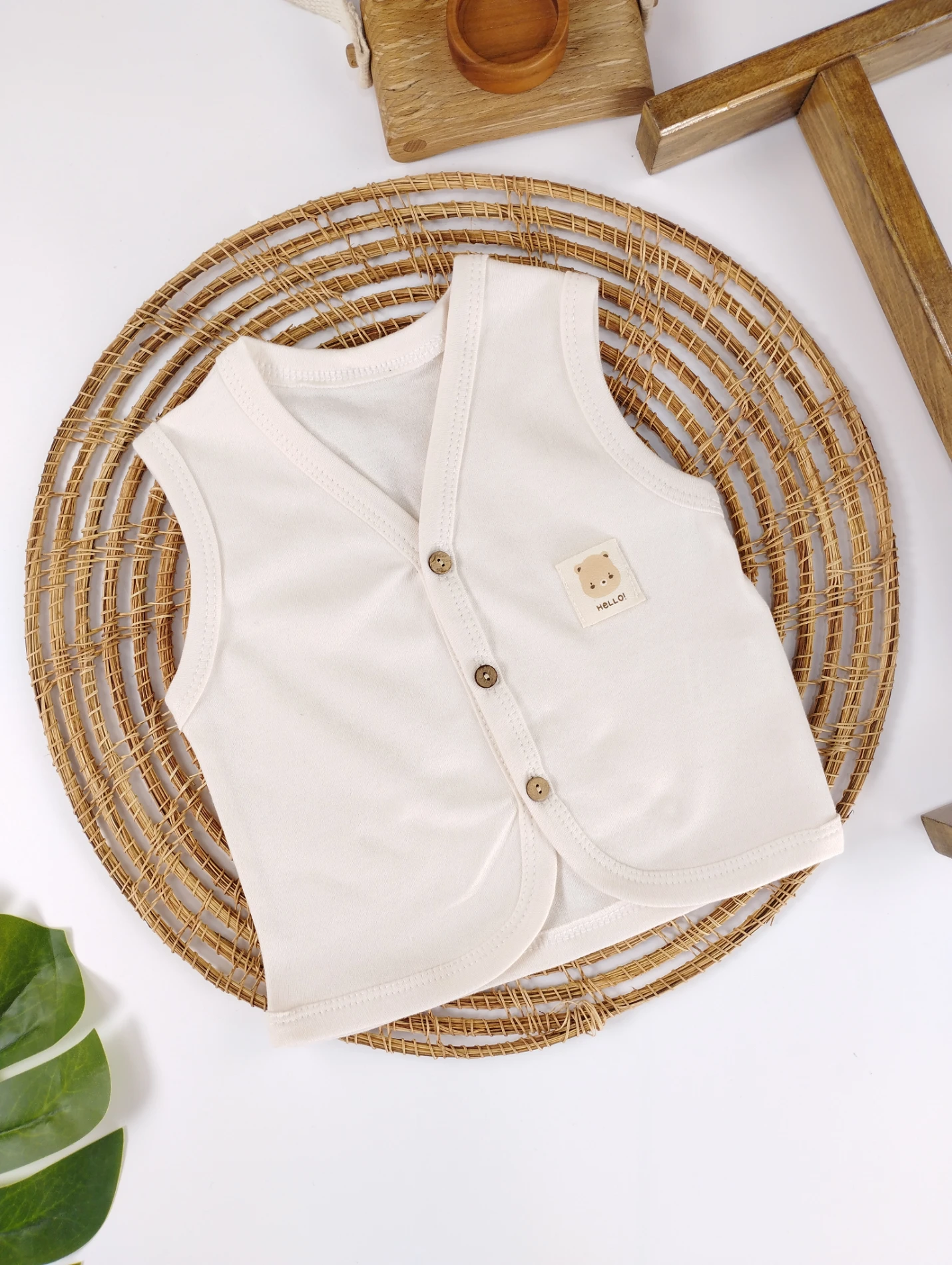 %100 Pamuk Düğmeli Unisex Kolsuz Bebek Yelek - KREM