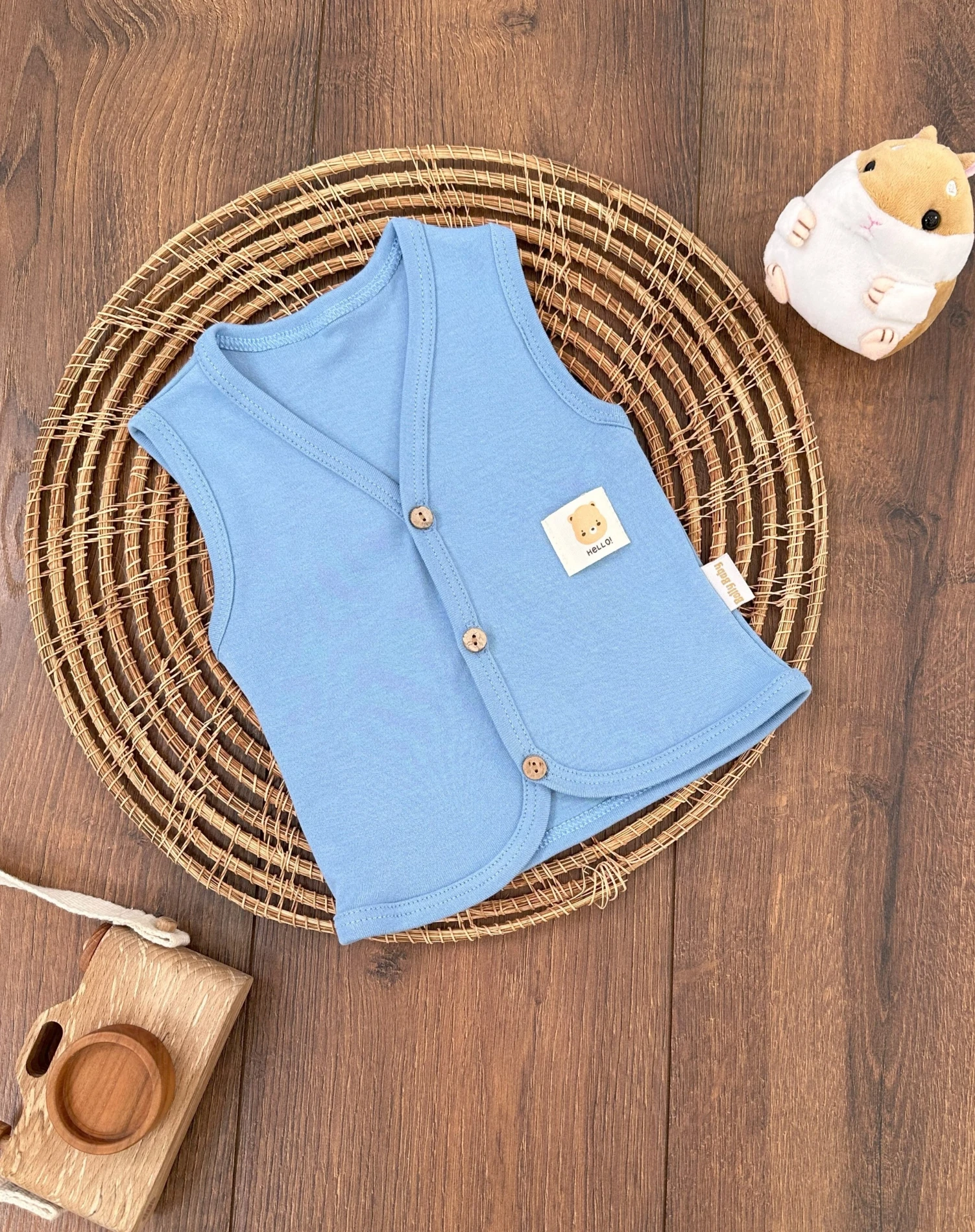 %100 Pamuk Düğmeli Unisex Kolsuz Bebek Yelek - MAVİ