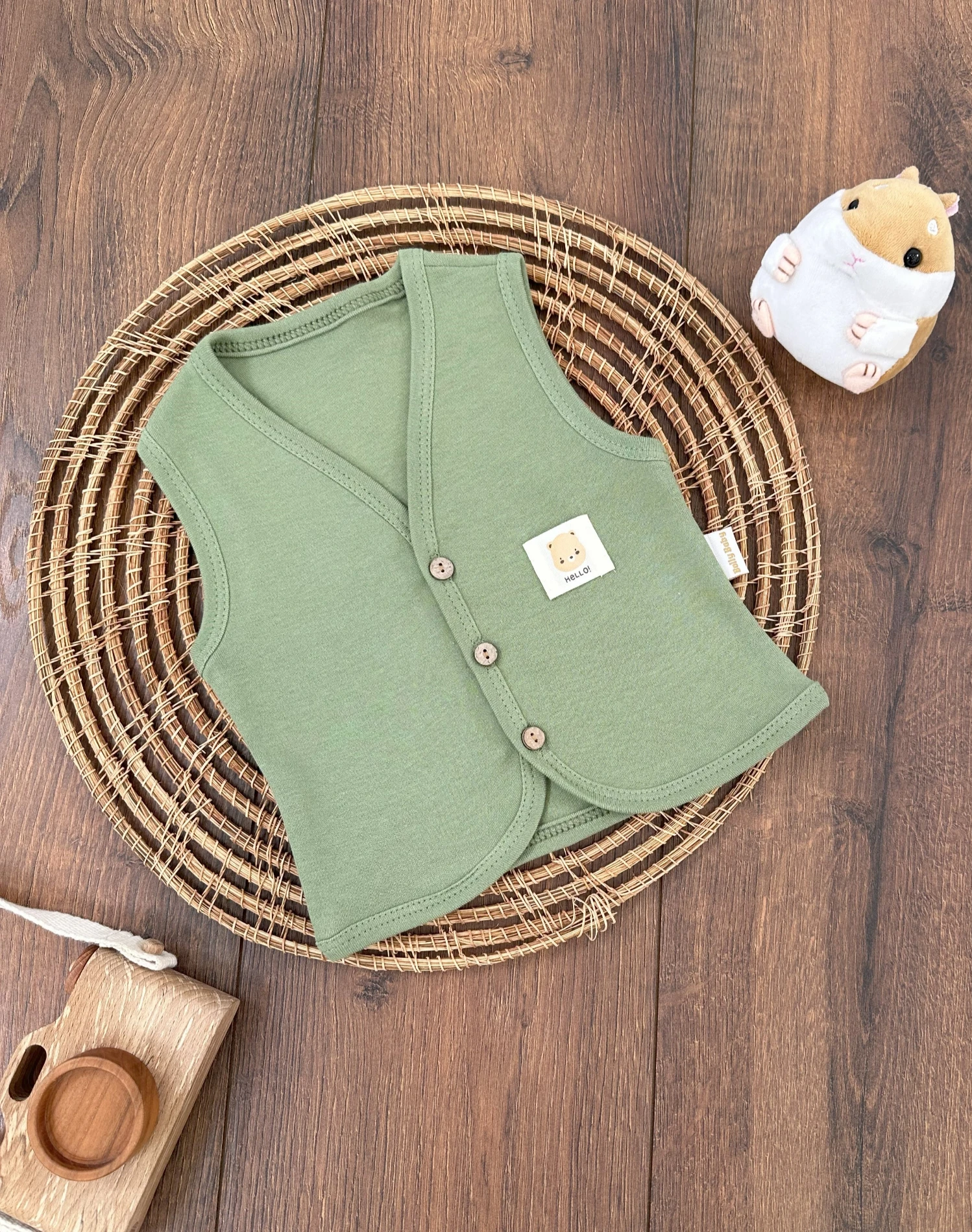 %100 Pamuk Düğmeli Unisex Kolsuz Bebek Yelek - YEŞİL