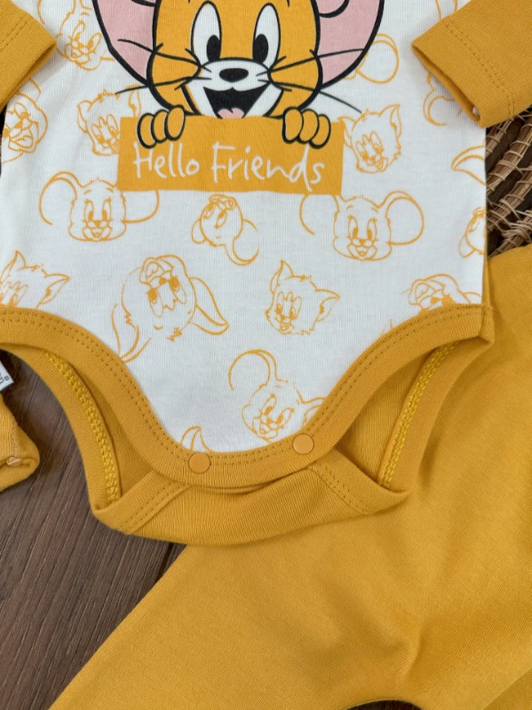 Hello Friends Organik Pamuk Alttan Çıtçıtlı Bereli Unisex 3lü  Bebek Takım