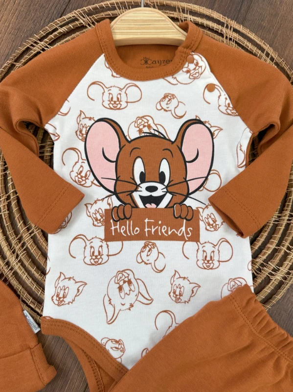 Hello Friends Organik Pamuk Alttan Çıtçıtlı Bereli Unisex 3lü  Bebek Takım