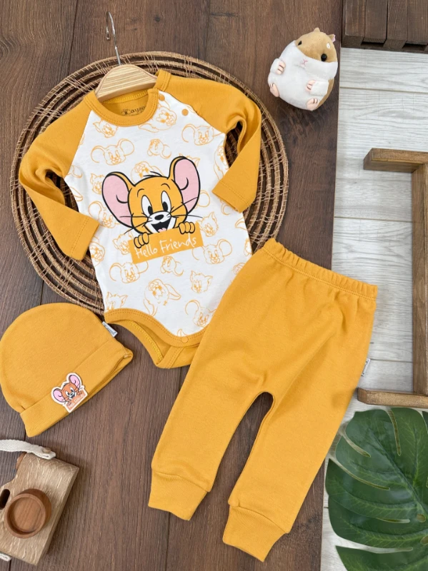 Hello Friends Organik Pamuk Alttan Çıtçıtlı Bereli Unisex 3lü  Bebek Takım