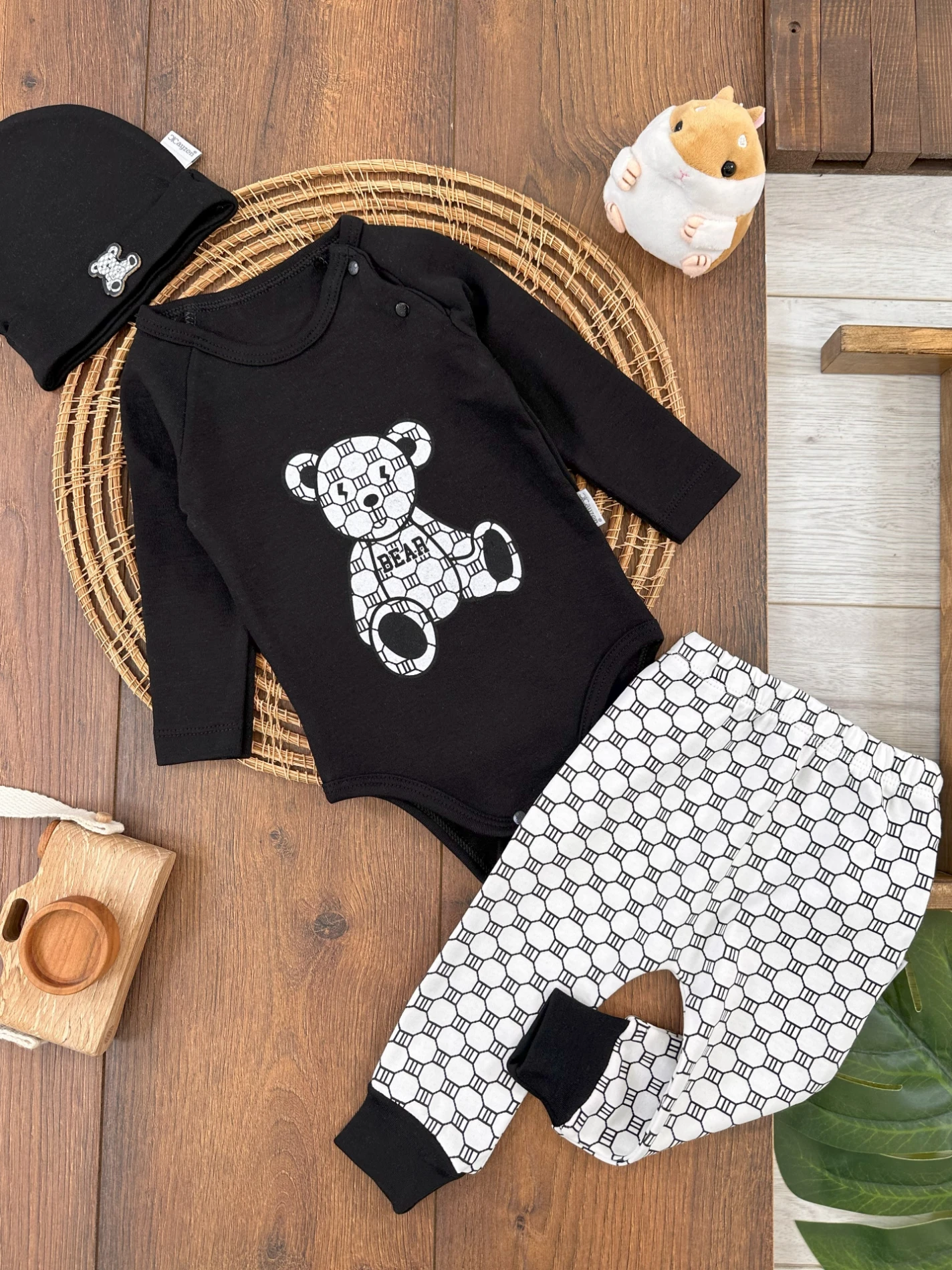 Unisex Bebek Takım Organik Pamuk Ayıcık Baskılı Bereli Alttan Çıtçıtlı 3lü Bebek Takım - SİYAH