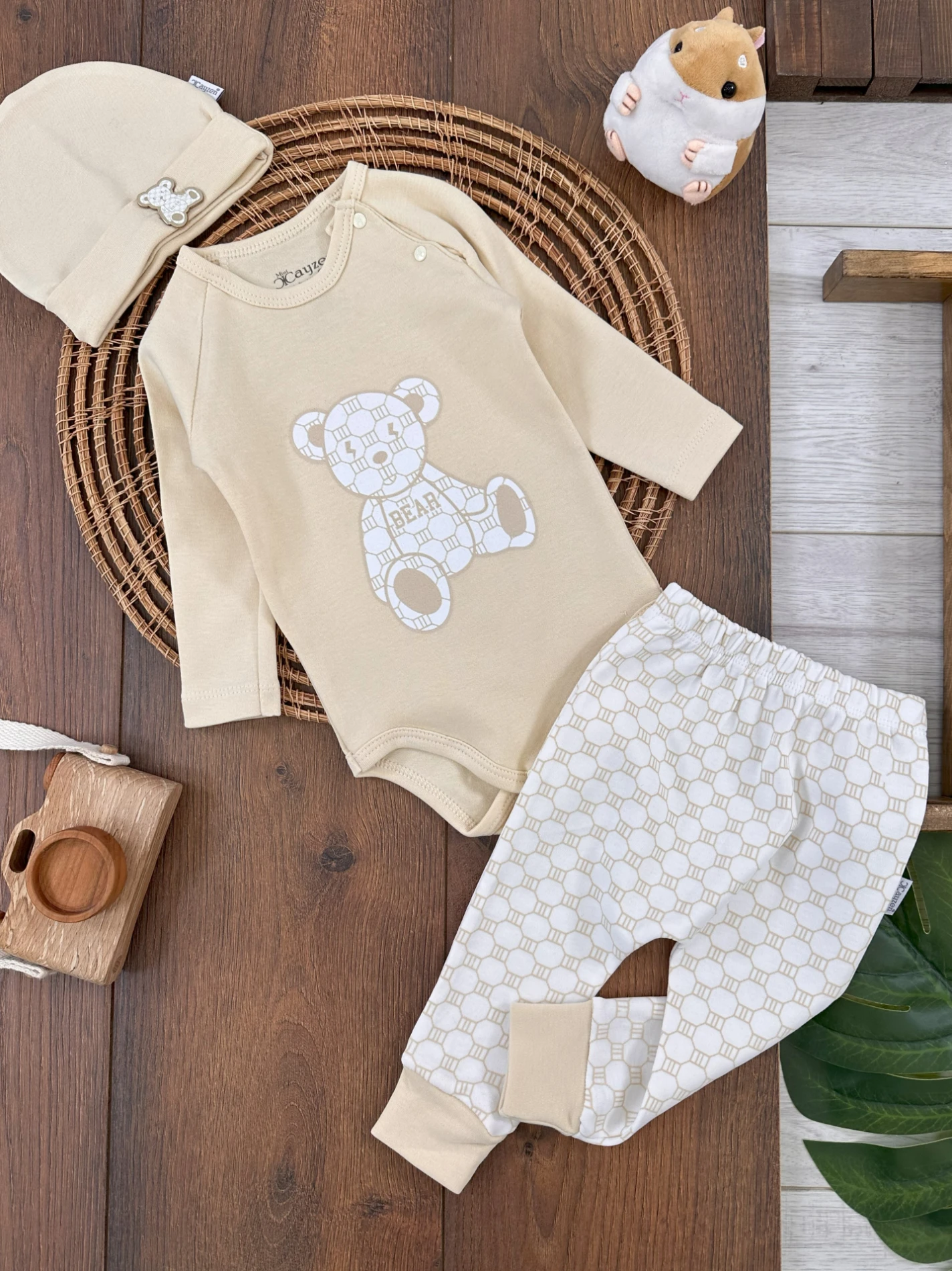 Unisex Bebek Takım Organik Pamuk Ayıcık Baskılı Bereli Alttan Çıtçıtlı 3lü Bebek Takım - KREM