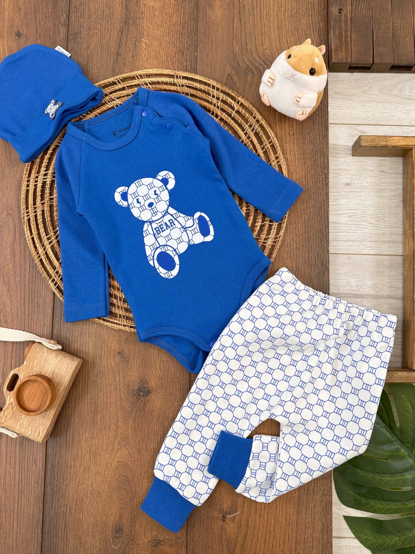 Unisex Bebek Takım Organik Pamuk Ayıcık Baskılı Bereli Alttan Çıtçıtlı 3lü Bebek Takım - SAKS MAVİ