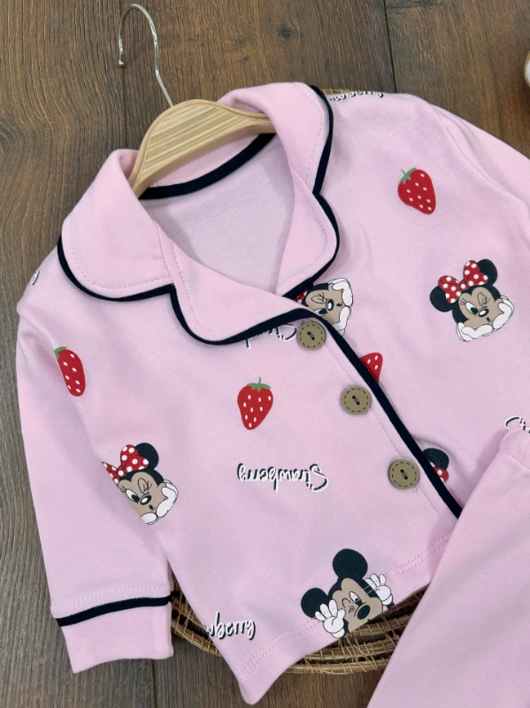 Kız Bebek/Çocuk Pijama Takımı %100 Pamuk Yumuşak Doku Fare-Çilek Baskılı Kruvaze Yaka Bebek Pijama