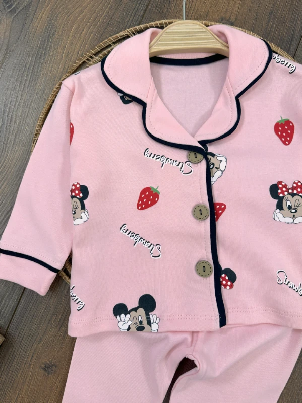 Kız Bebek/Çocuk Pijama Takımı %100 Pamuk Yumuşak Doku Fare-Çilek Baskılı Kruvaze Yaka Bebek Pijama