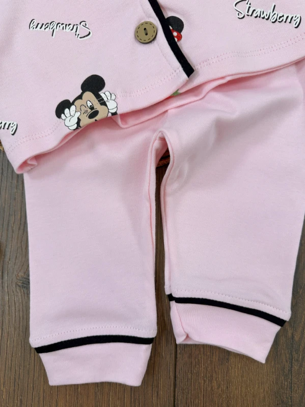 Kız Bebek/Çocuk Pijama Takımı %100 Pamuk Yumuşak Doku Fare-Çilek Baskılı Kruvaze Yaka Bebek Pijama