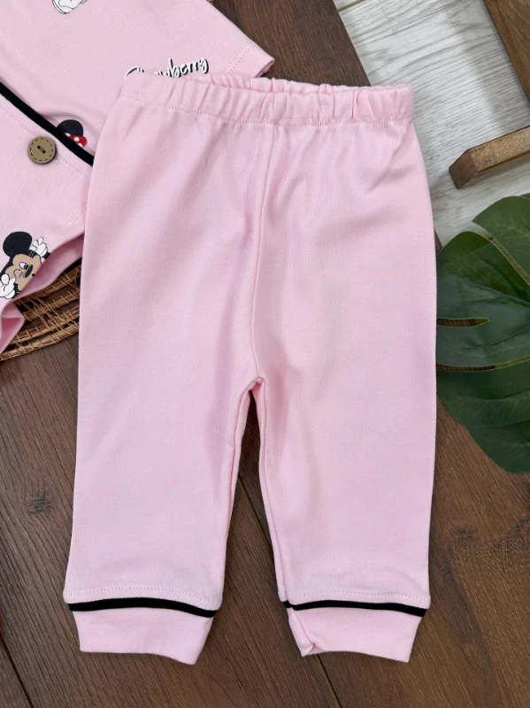 Kız Bebek/Çocuk Pijama Takımı %100 Pamuk Yumuşak Doku Fare-Çilek Baskılı Kruvaze Yaka Bebek Pijama