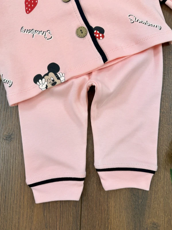 Kız Bebek/Çocuk Pijama Takımı %100 Pamuk Yumuşak Doku Fare-Çilek Baskılı Kruvaze Yaka Bebek Pijama