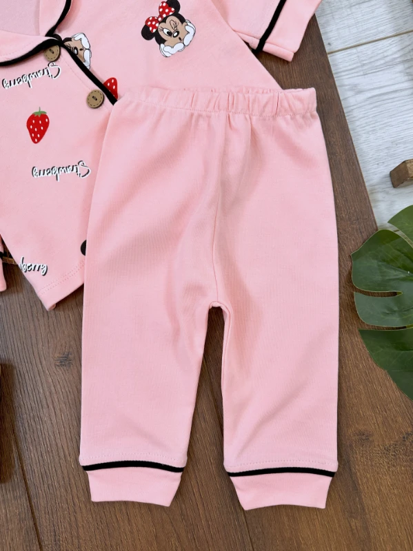 Kız Bebek/Çocuk Pijama Takımı %100 Pamuk Yumuşak Doku Fare-Çilek Baskılı Kruvaze Yaka Bebek Pijama