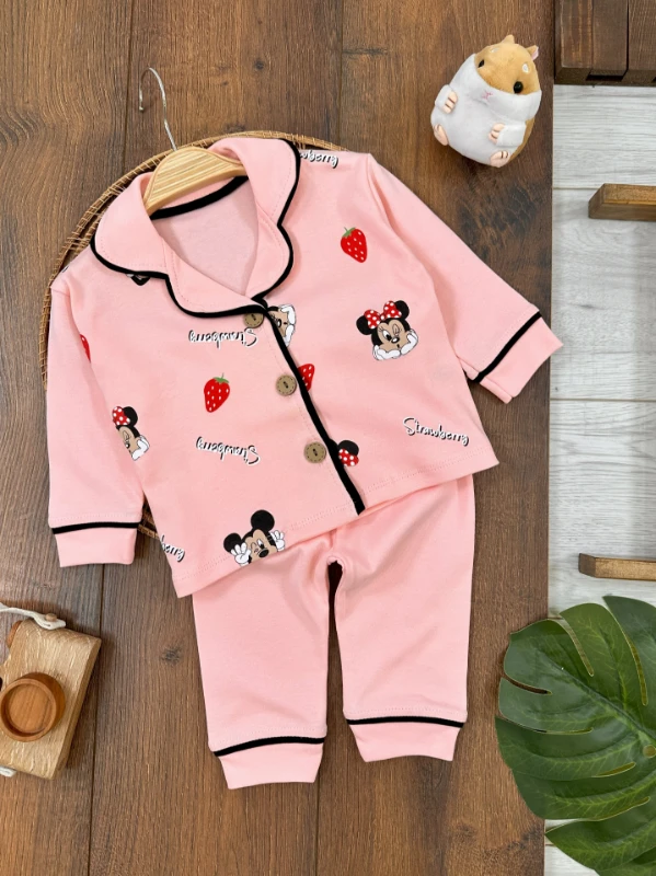 Kız Bebek/Çocuk Pijama Takımı %100 Pamuk Yumuşak Doku Fare-Çilek Baskılı Kruvaze Yaka Bebek Pijama