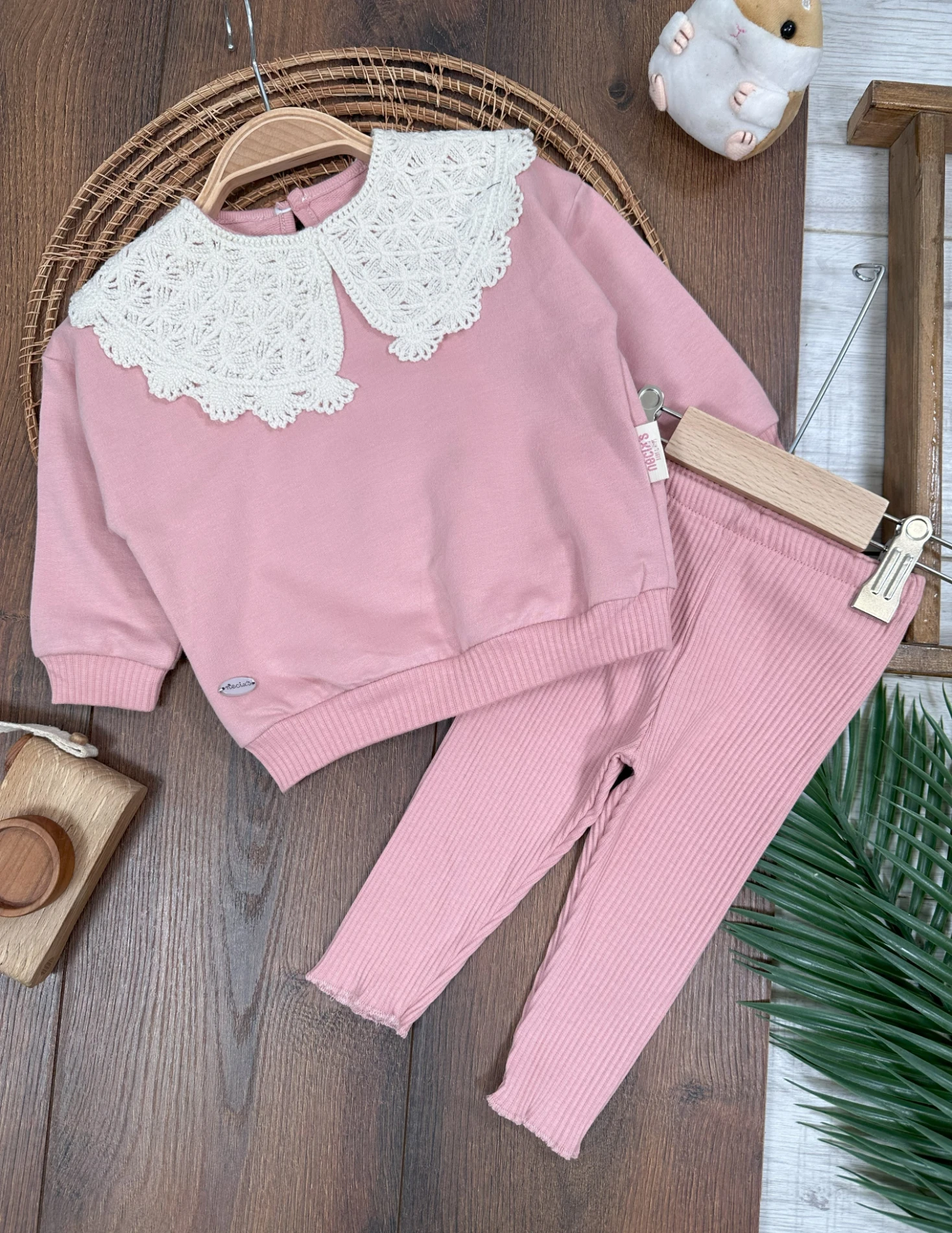 Dantel Yaka Kaşkorse Tayt Pantolon 2li Kız Bebek Takım - GÜL KURUSU