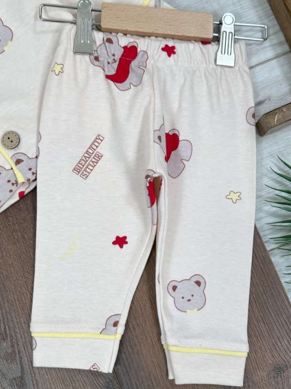 Ayıcık Baskılı %100 Pamuk Yumuşak Doku Kruvaze Yaka Önden Düğmeli Unisex Mevsimlik Pijama Takımı