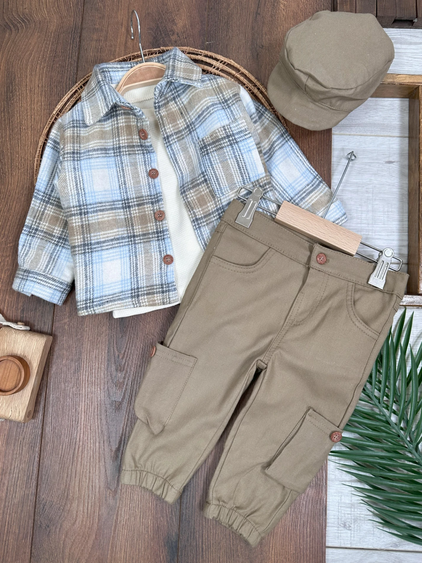 Oduncu Gömlek Şapkalı Waffle  Badili Kanvars Kargo Pantolonlu 4lü Erkek Bebek/Çocuk Takım - KAHVE