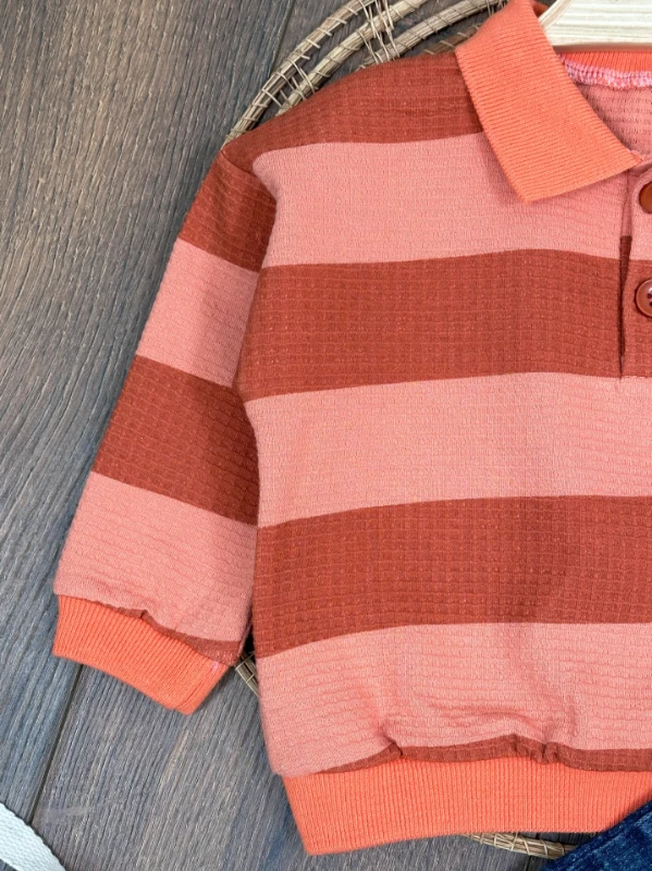 Polo Yaka Şeritli Sweatshirt Likralı Kot Pantolon 2li Erkek Bebek Takım