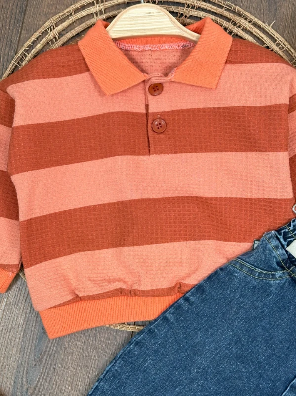 Polo Yaka Şeritli Sweatshirt Likralı Kot Pantolon 2li Erkek Bebek Takım