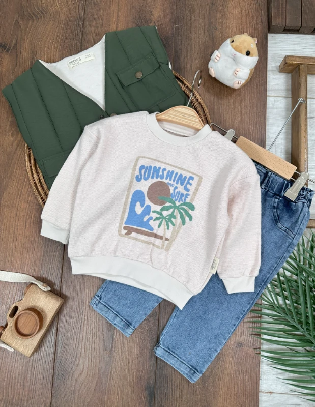 Şişme Yelek İçi Elyaflı Sunshine Sweatshirt Likralı Kot Pantolon 3lü Erkek Bebek Takım